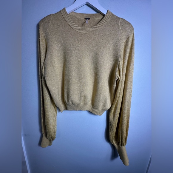 Free People Let it Shine Mustard  Metallic Glitter Ballon Sleeve Light Sweater M - Picture 7 of 16